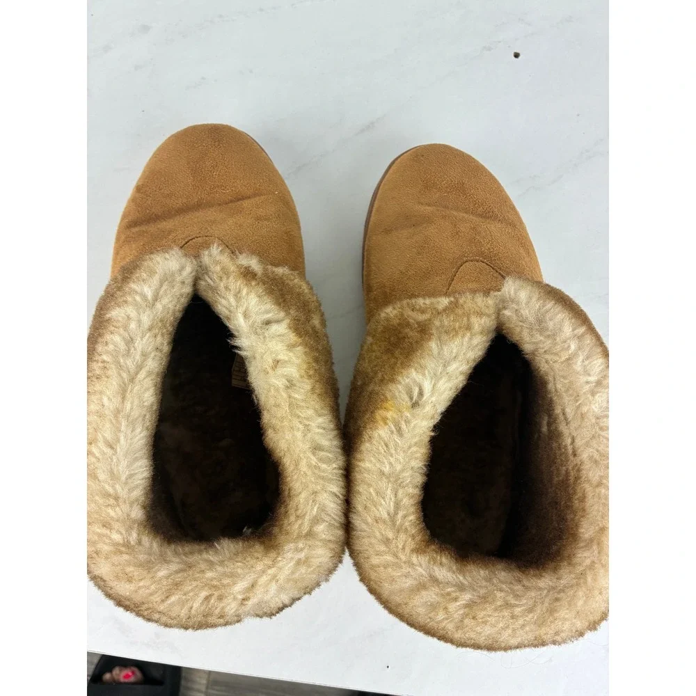 Apres Tan Suede Bootie Slippers - 9 - Wool Lined Faux Fur #Cozy #Winter #Cabin